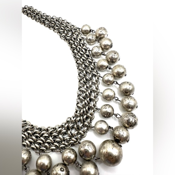 Old Silver Tone Bib Necklace with Dangling Balls-Statement Necklace - Picture 6 of 10